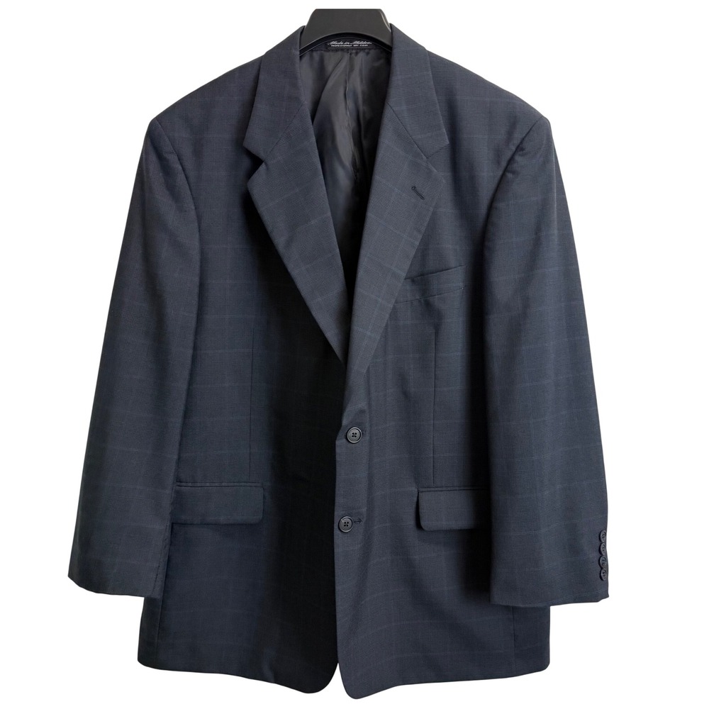 Kilburne and Finch Mens 44R Blazer Navy Blue Glen Plaid Wool Blend Suit Jacket
